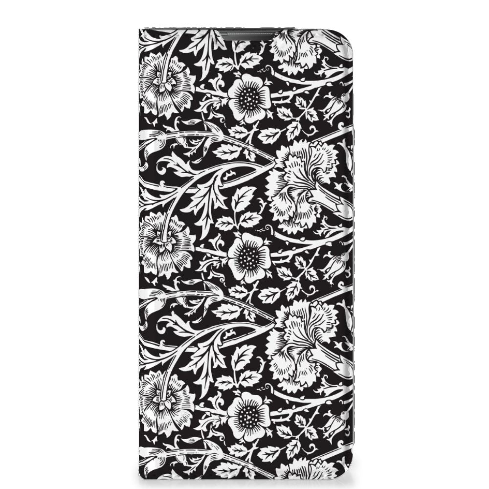 Motorola Moto E20 Smart Cover Black Flowers bloemenprint zwart wit voorkant