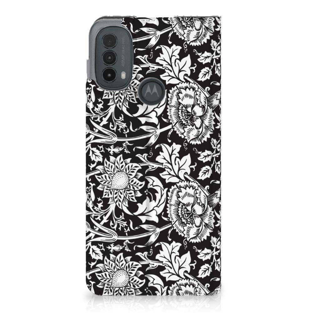 Motorola Moto E20 Smart Cover Black Flowers bloemenprint zwart wit voorkant