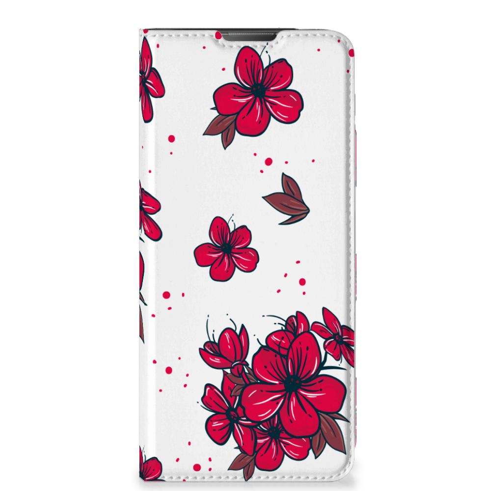 Motorola Moto E20 Smart Cover Blossom Red telefoonhoesje bloesem design voorkant