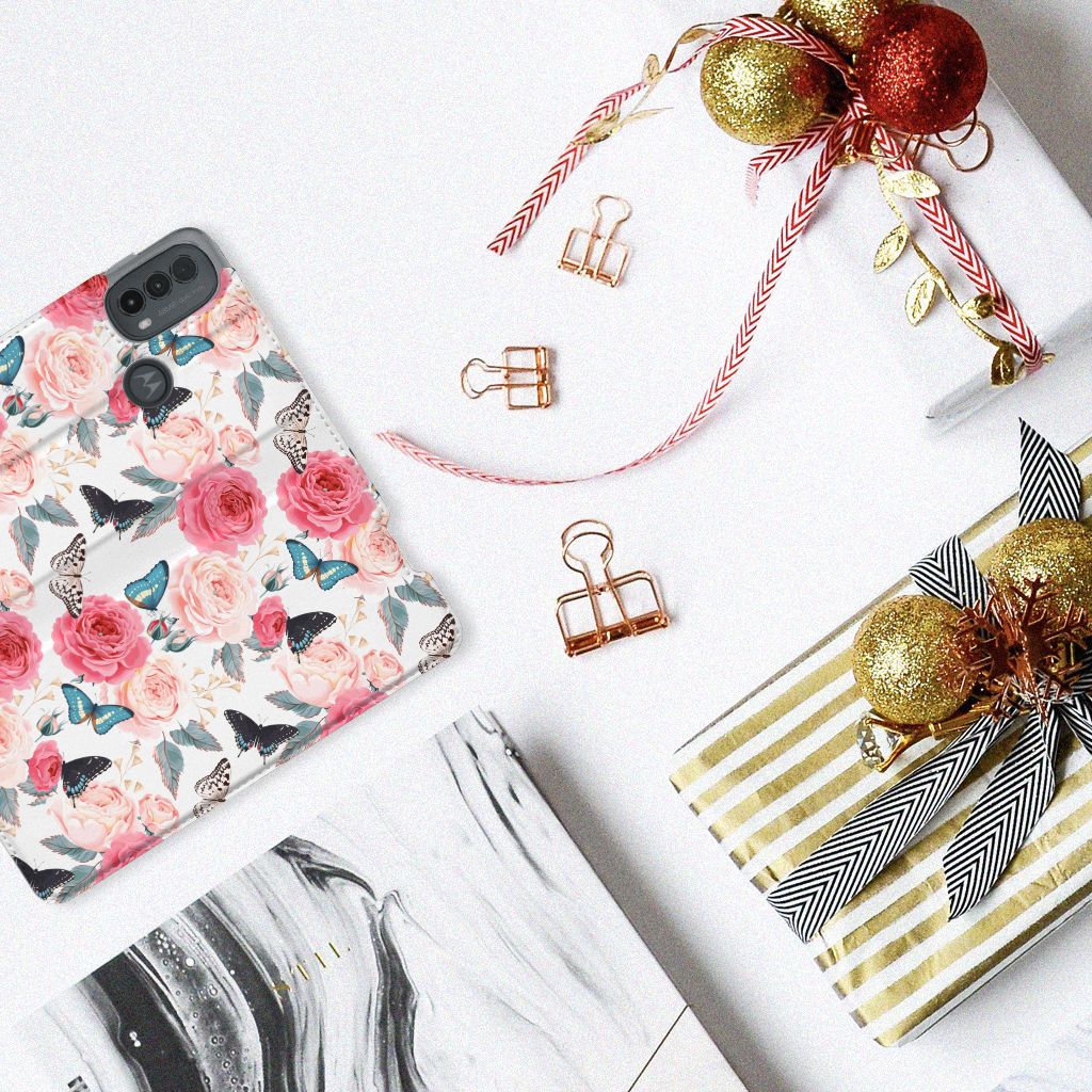 Motorola Moto E20 Smart Cover Butterfly Roses bovenaanzicht hoesje bloemen vlinders