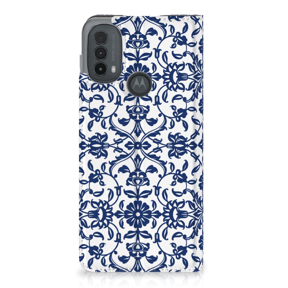 Motorola Moto E20 Smart Cover Flower Blue design bloem patroon aanzicht