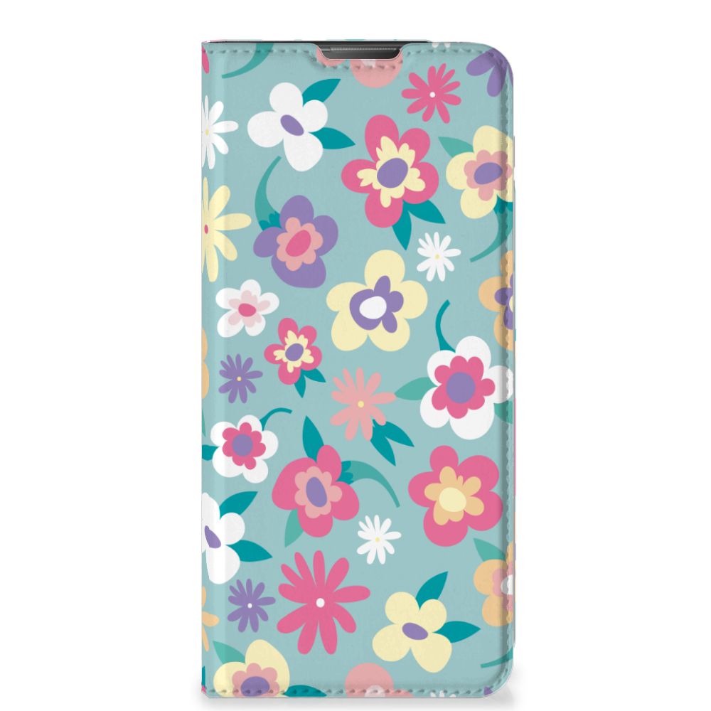 Motorola Moto E20 Smart Cover Flower Power telefoonhoesje bloemen ontwerp vooraanzicht