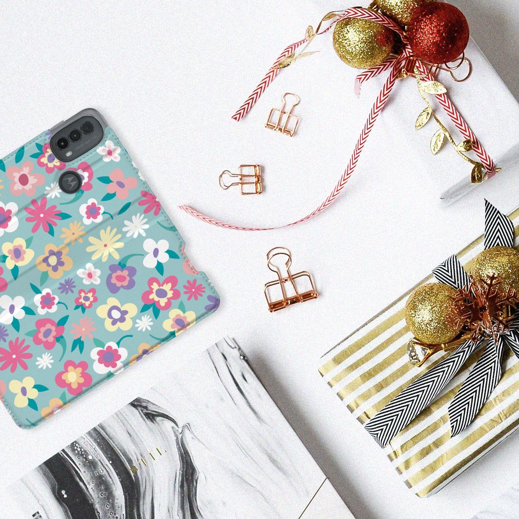 Motorola Moto E20 Smart Cover Flower Power bloemen kleurig bovenaanzicht