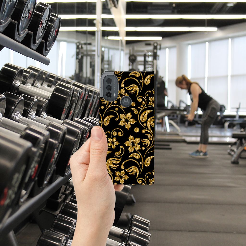 Motorola Moto E20 Smart Cover Gouden Bloemen hand smartphone gym