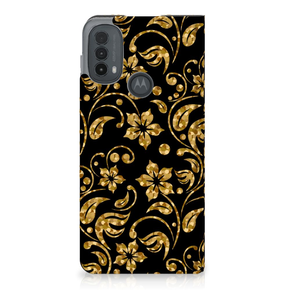 Motorola Moto E20 Smart Cover Gouden Bloemen bloemen zwart