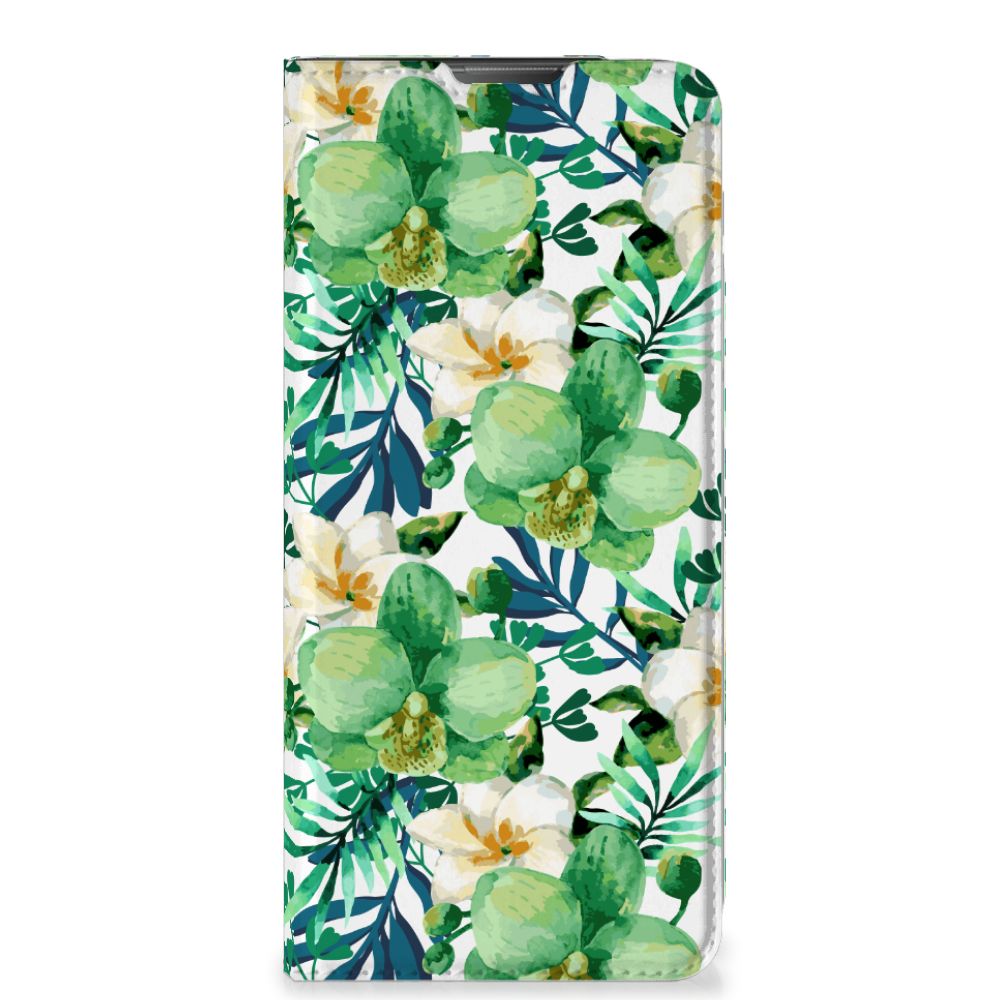Motorola Moto E20 Smart Cover Orchidee Groen voorkant met groen witte bloemen
