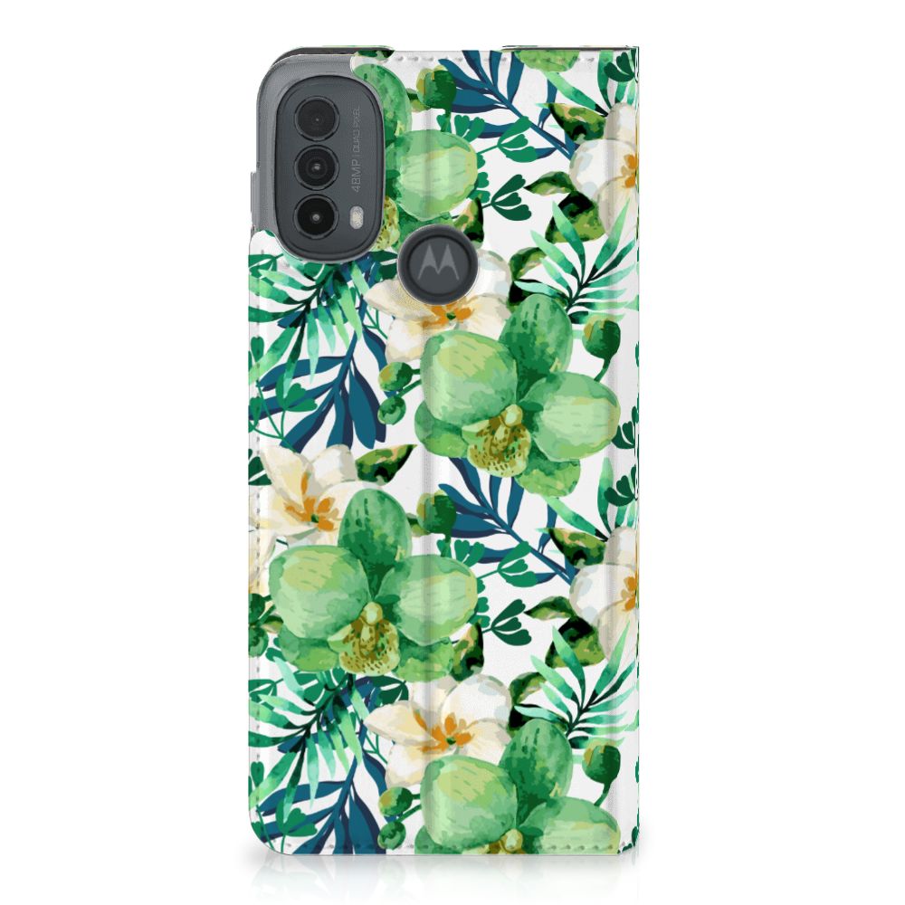 Motorola Moto E20 Smart Cover Orchidee Groen bloemen ontwerp achteraanzicht