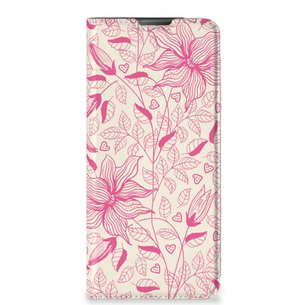 Motorola Moto E20 Smart Cover Pink Flowers hoesje roze bloemen voorkant
