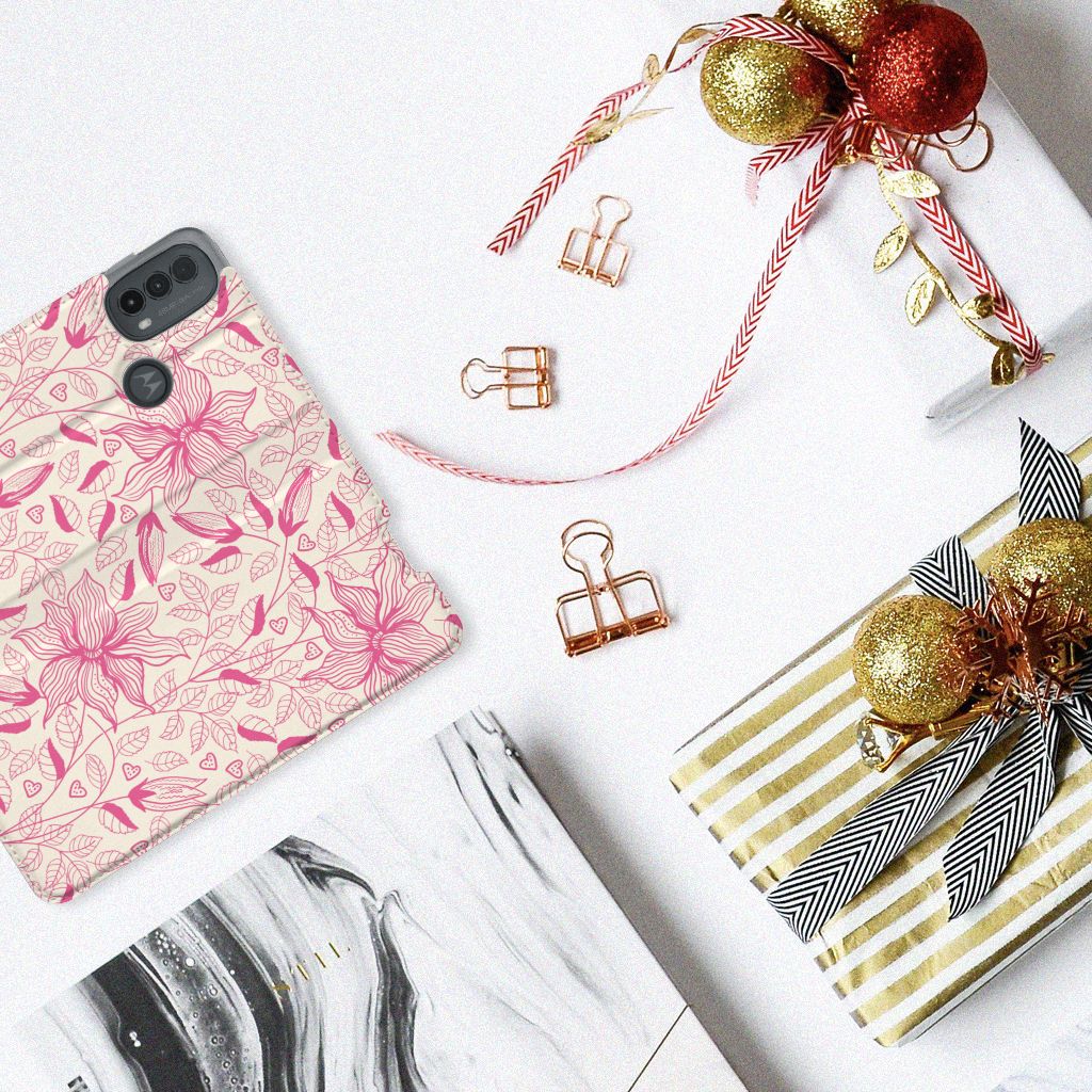 Motorola Moto E20 Smart Cover Pink Flowers hoesje bloemen bovenaanzicht