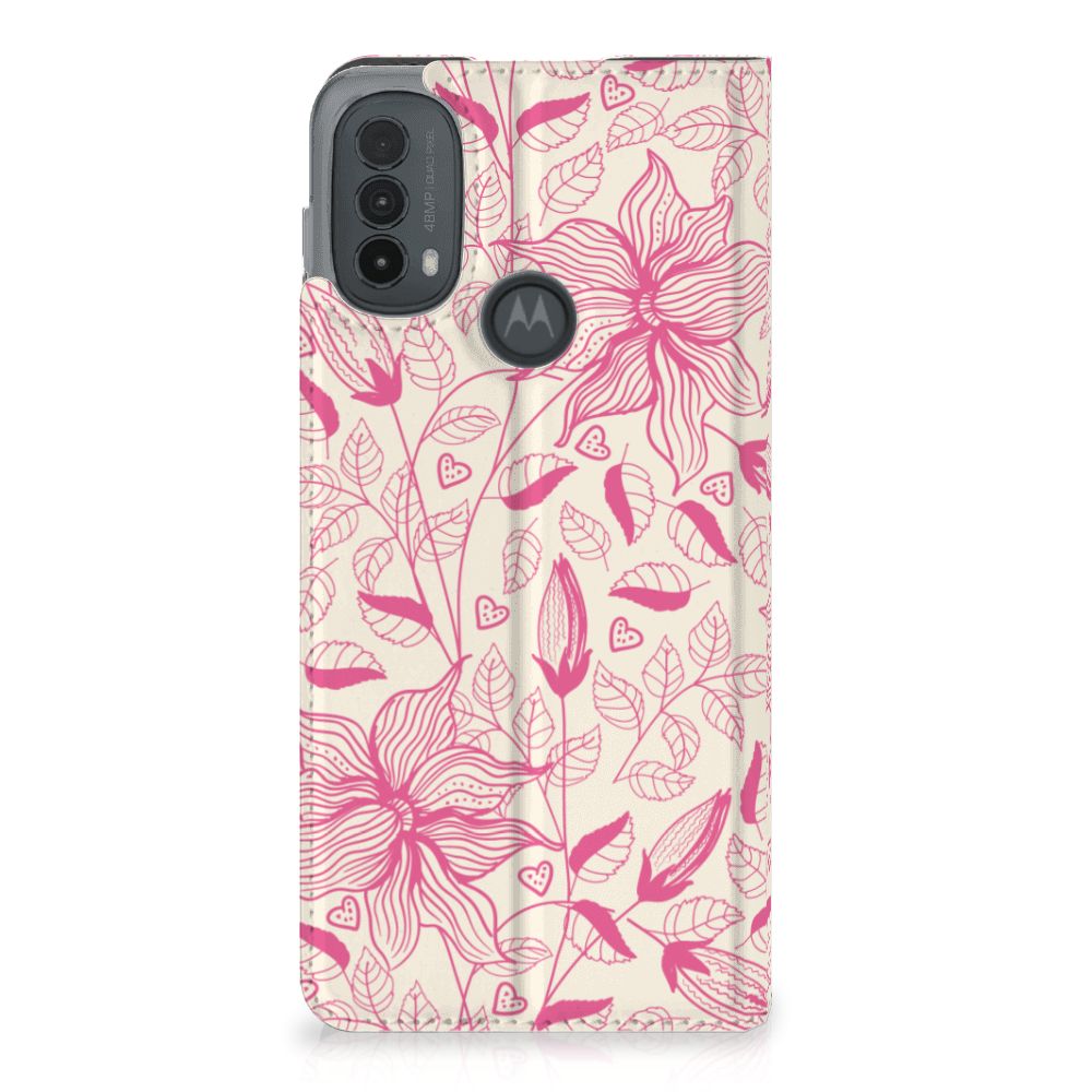 Motorola Moto E20 Smart Cover Pink Flowers hoesje bloemen roze aanzicht