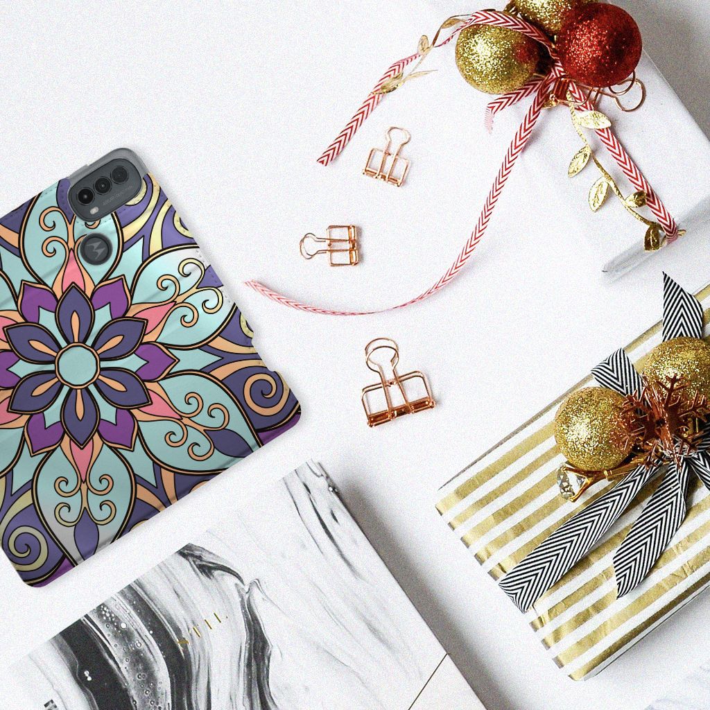 Motorola Moto E20 Smart Cover Purple Flower design hoesje aanzicht