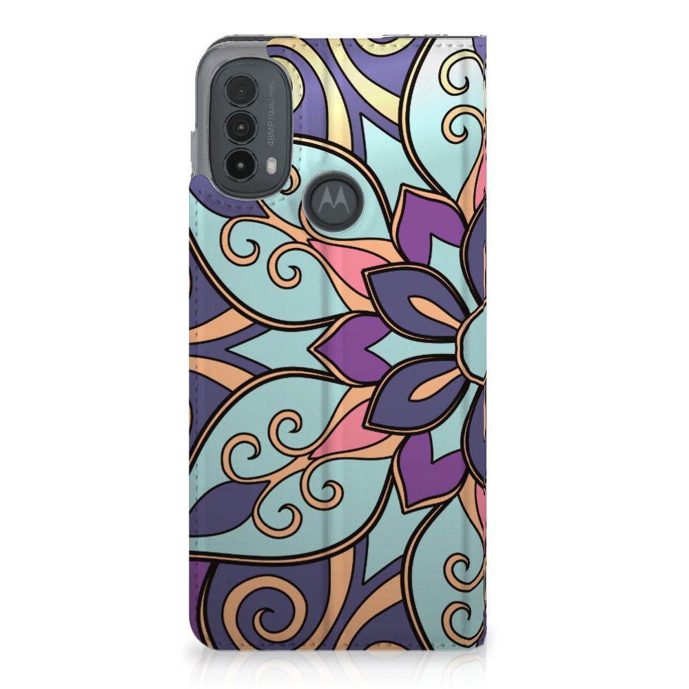 Motorola Moto E20 Smart Cover Purple Flower design met kleurrijk barok bloemenmotief