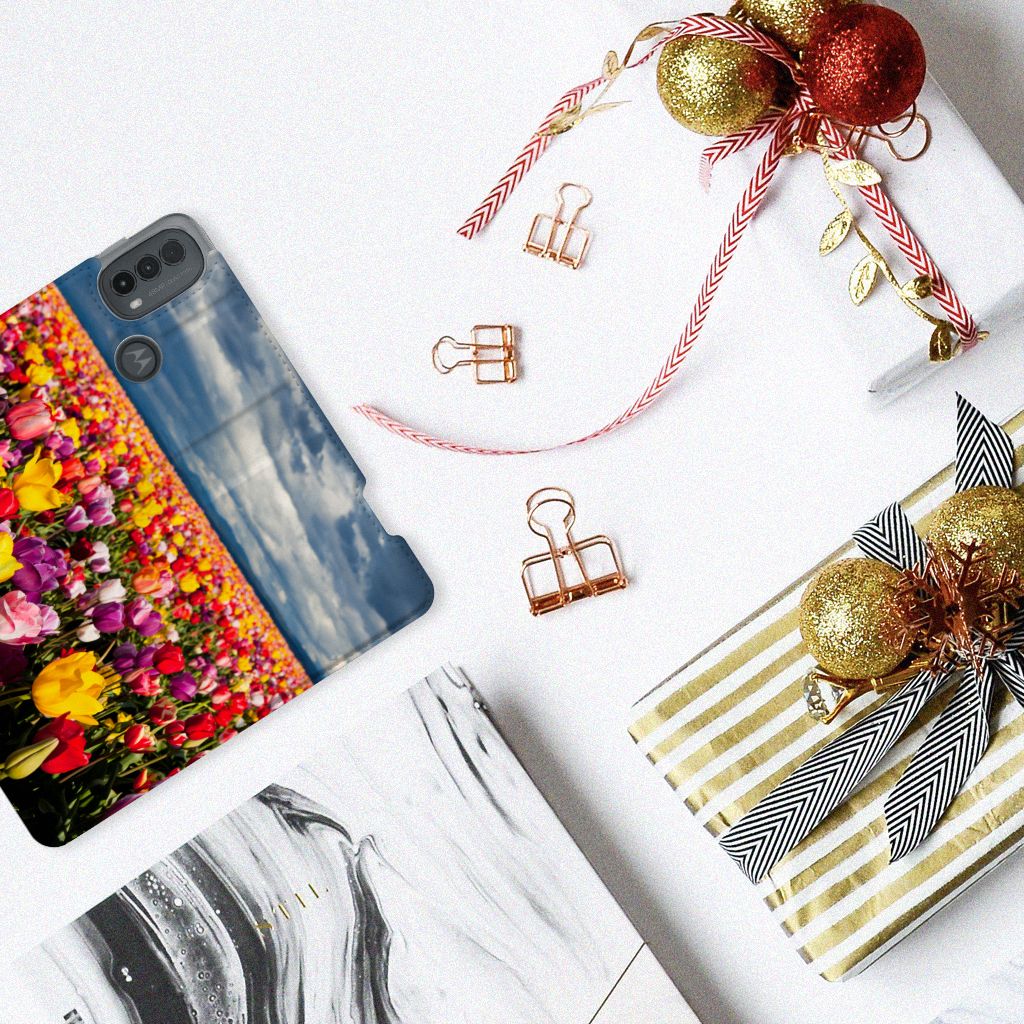 Motorola Moto E20 Smart Cover Tulpen smartphone hoesje kleurrijk bloemen bovenaanzicht