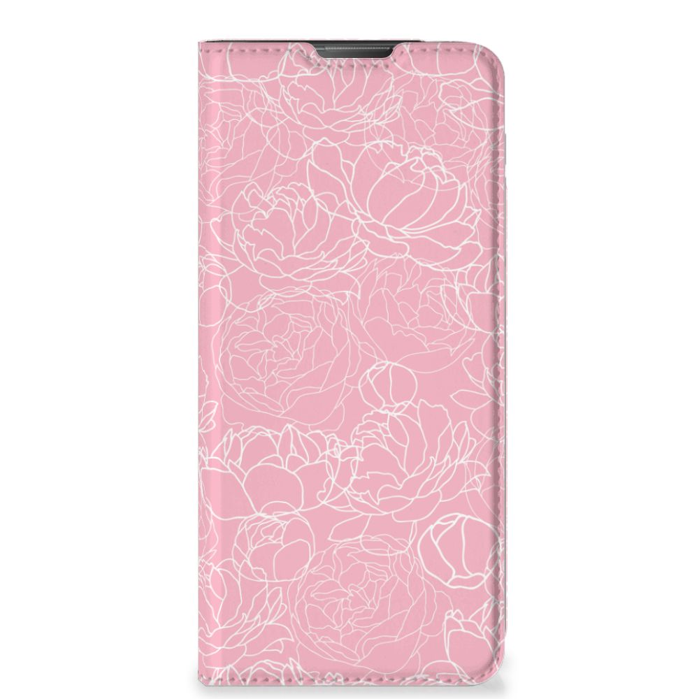 Motorola Moto E20 Smart Cover White Flowers hoesje roze bloemen voorkant