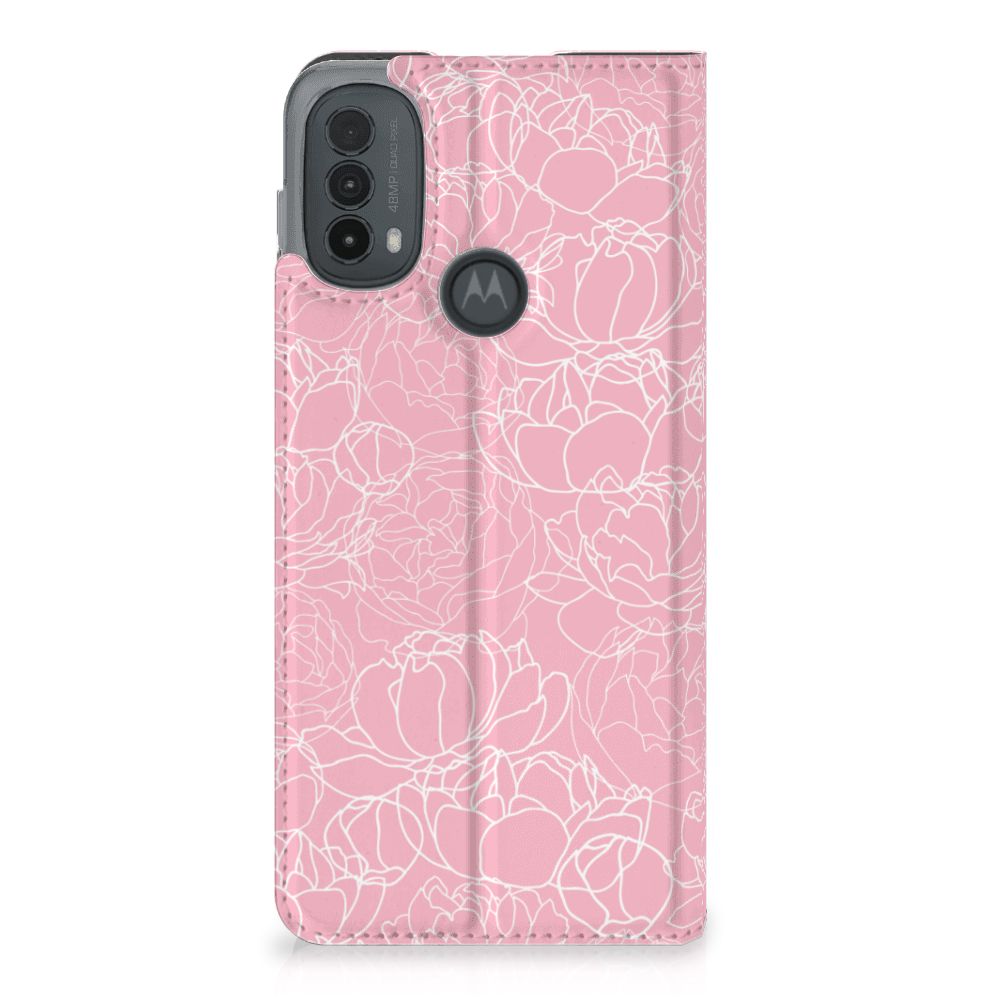 Motorola Moto E20 Smart Cover White Flowers achterkant design bloemen roze