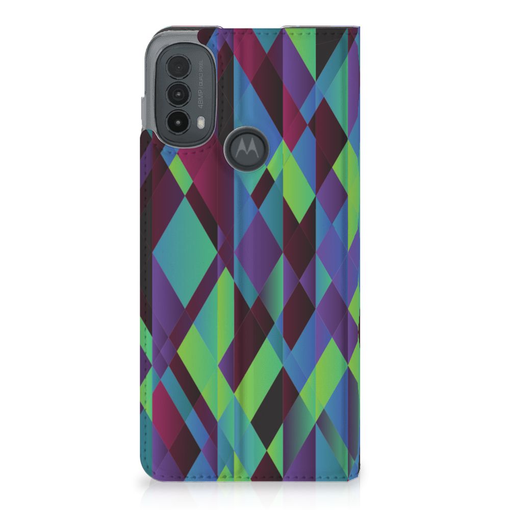 Motorola Moto E20 Stand Case Abstract Green Blue achterkant kleurrijk design