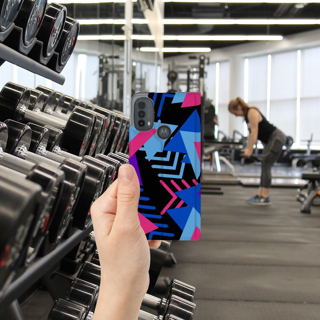 Motorola Moto E20 Stand Case Funky Triangle design funky triangle aanzicht