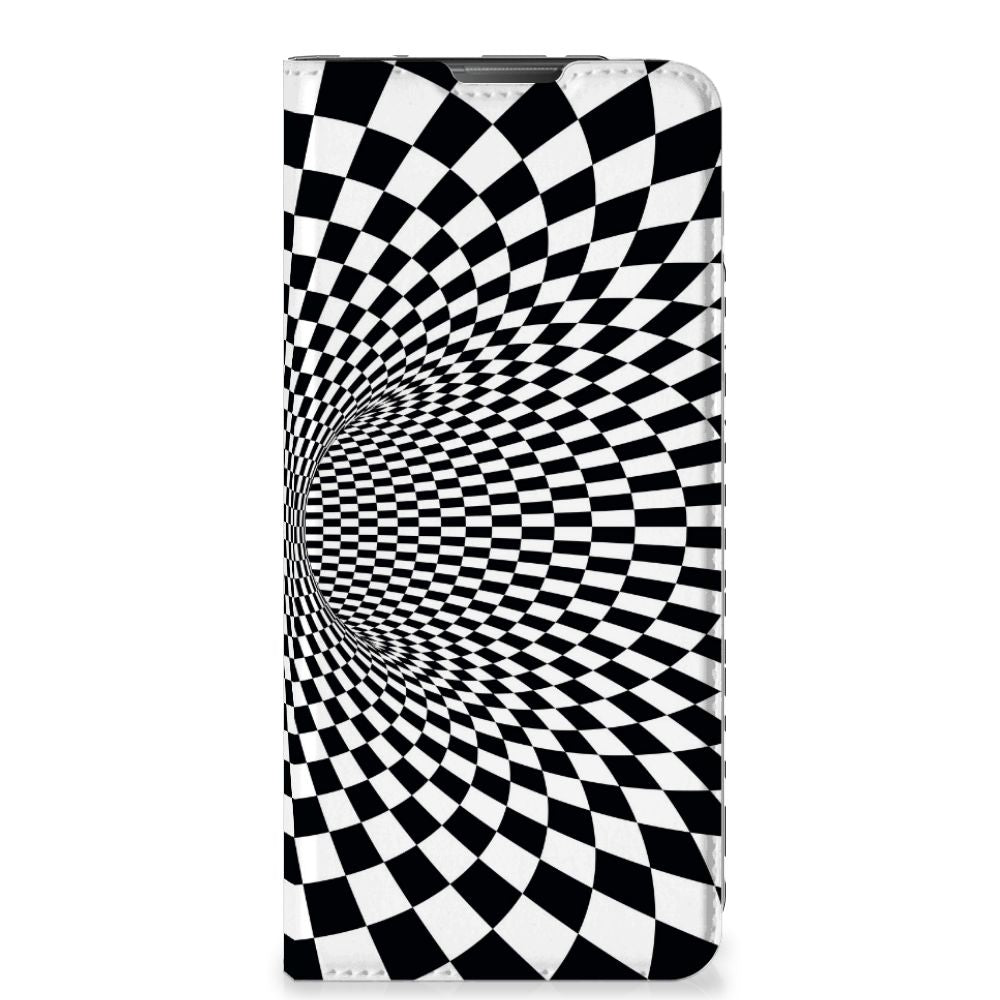 Motorola Moto E20 Stand Case Illusie zwart wit design illusie aanzicht