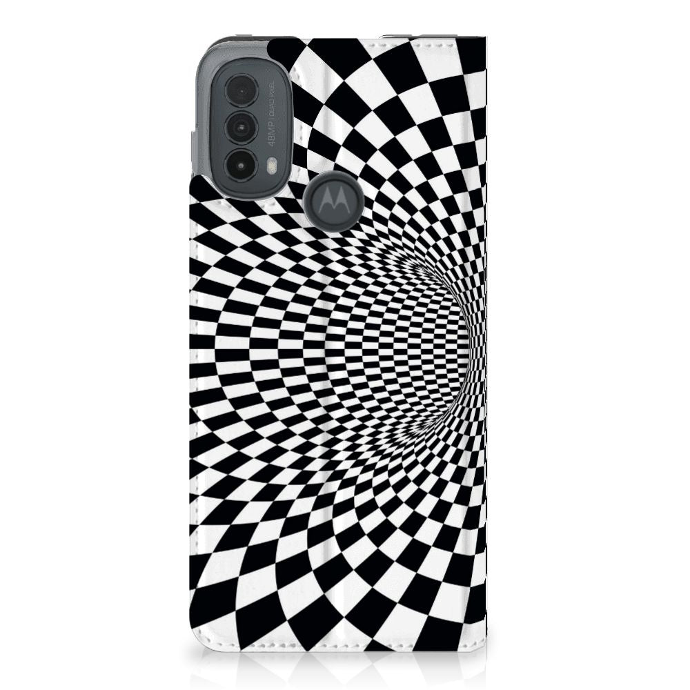 Motorola Moto E20 Stand Case Illusie design illusie zwart wit aanzicht