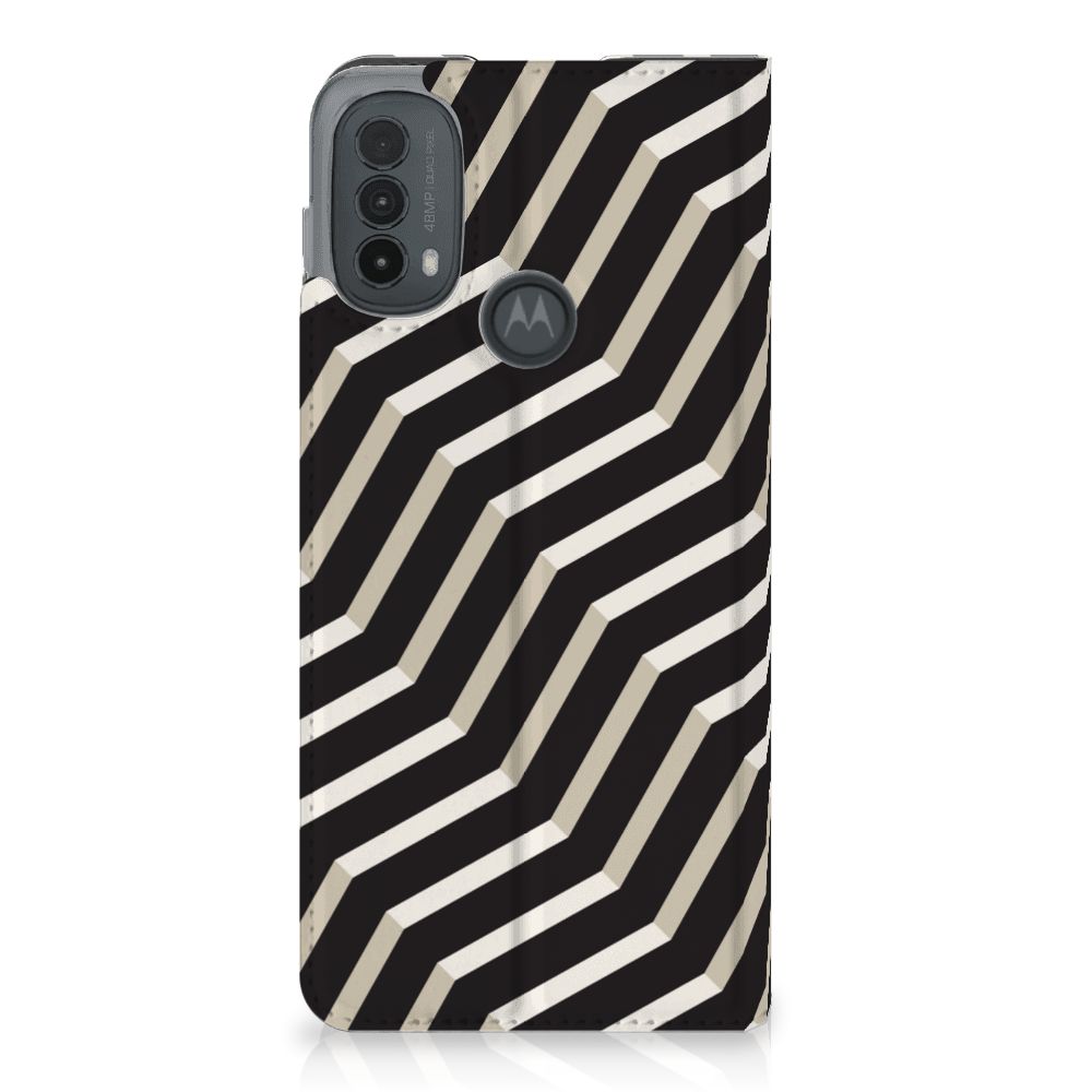 Motorola Moto E20 Stand Case Illusion print zwart wit zijaanzicht