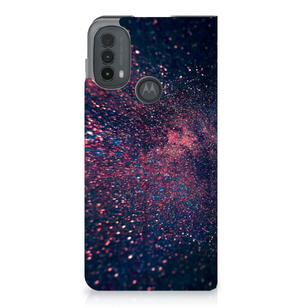 Motorola Moto E20 Stand Case Stars kunstzinnig design paarse blauwe glitter achtergrond
