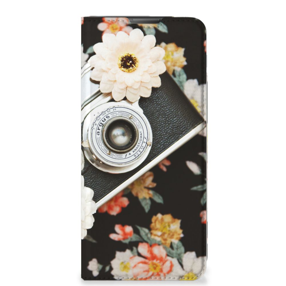Motorola Moto E20 Stand Case Vintage Camera bloemen camera voorkant