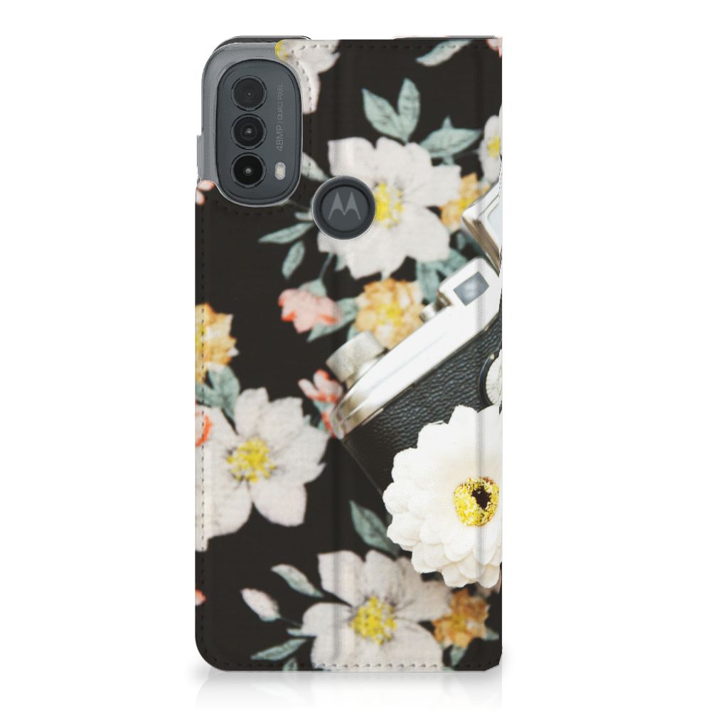 Motorola Moto E20 Stand Case Vintage Camera bloemen camera aanzicht
