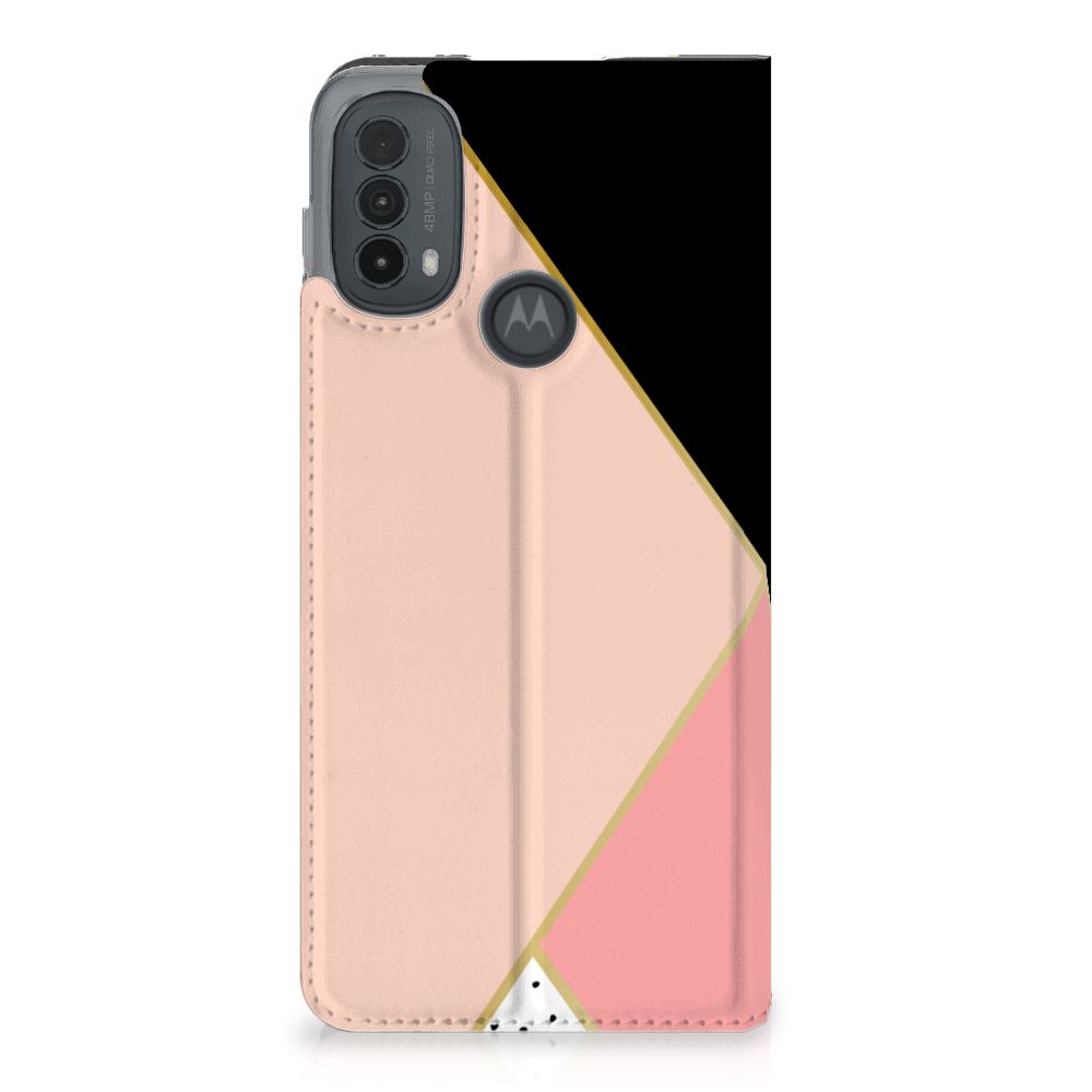 Motorola Moto E20 Stand Case Zwart Roze Vormen design zwart roze vormen aanzicht
