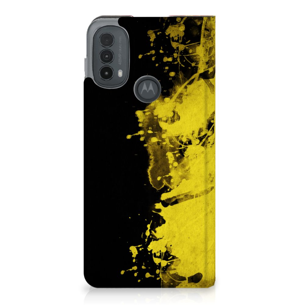 Motorola Moto E20 Standcase België design zwart geel aanzicht