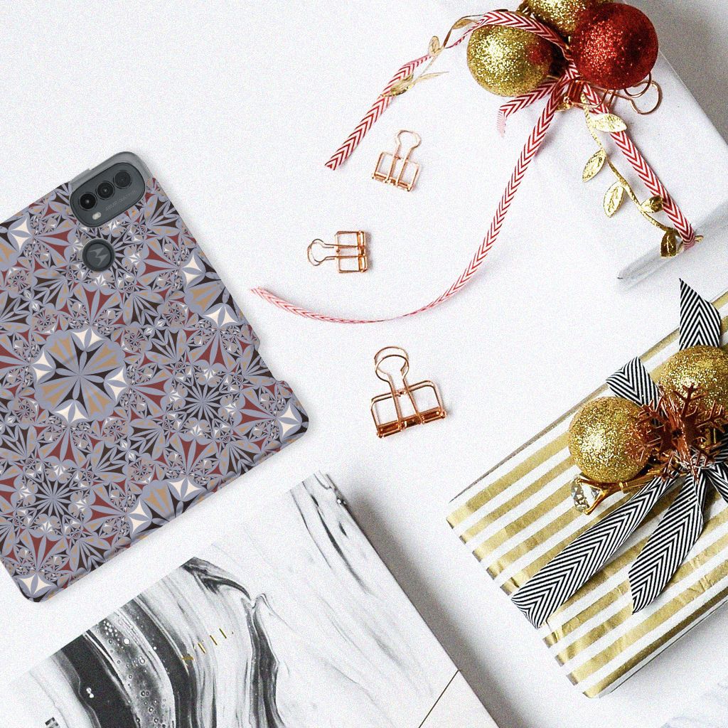Motorola Moto E20 Standcase Flower Tiles design flower tiles bovenaanzicht