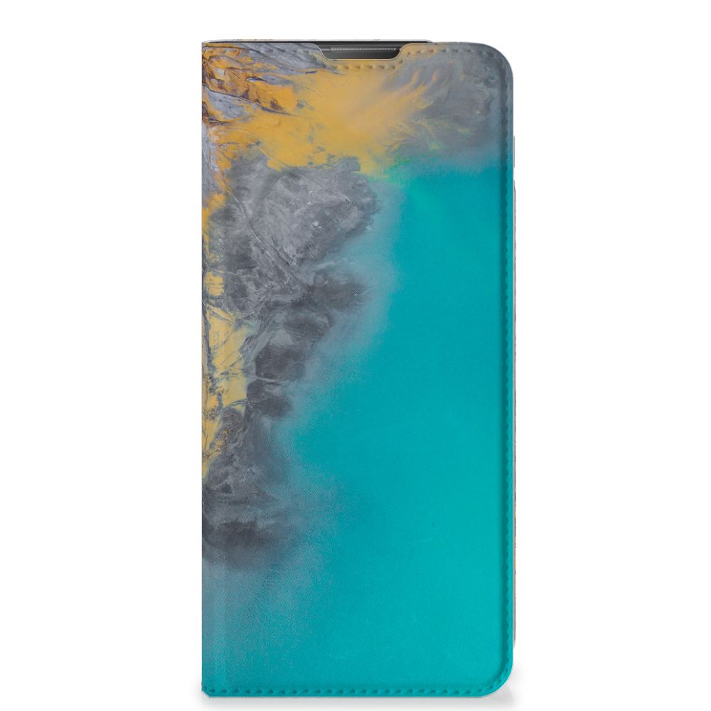 Motorola Moto E20 Standcase Marble Blue Gold voorkant marmer blauw goud