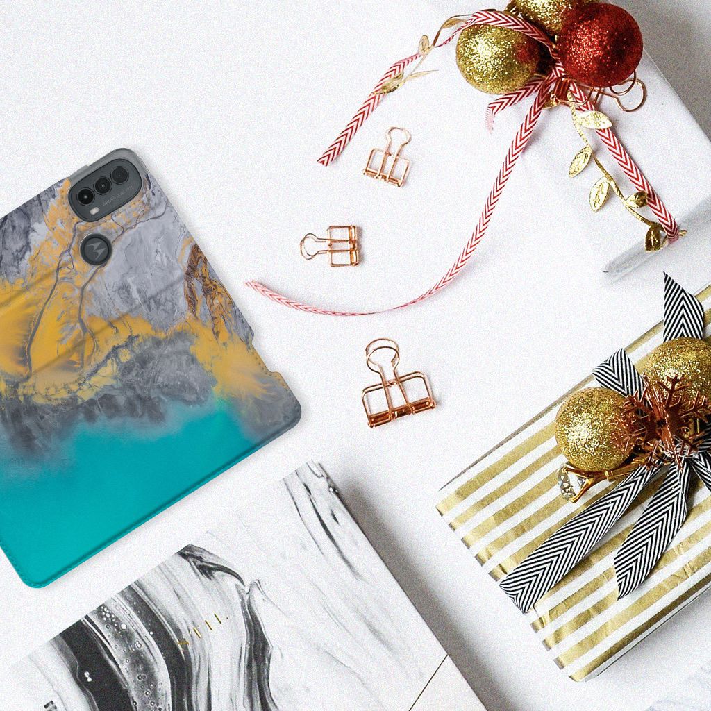 Motorola Moto E20 Standcase Marble Blue Gold design marmer blauw goud aanzicht
