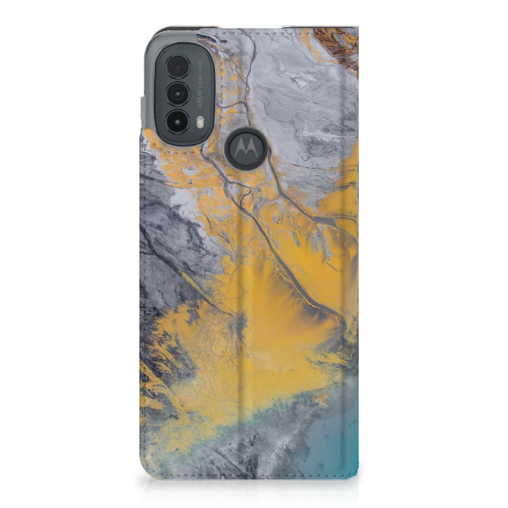 Motorola Moto E20 Standcase Marble Blue Gold hoes ontwerp marmer geel grijs