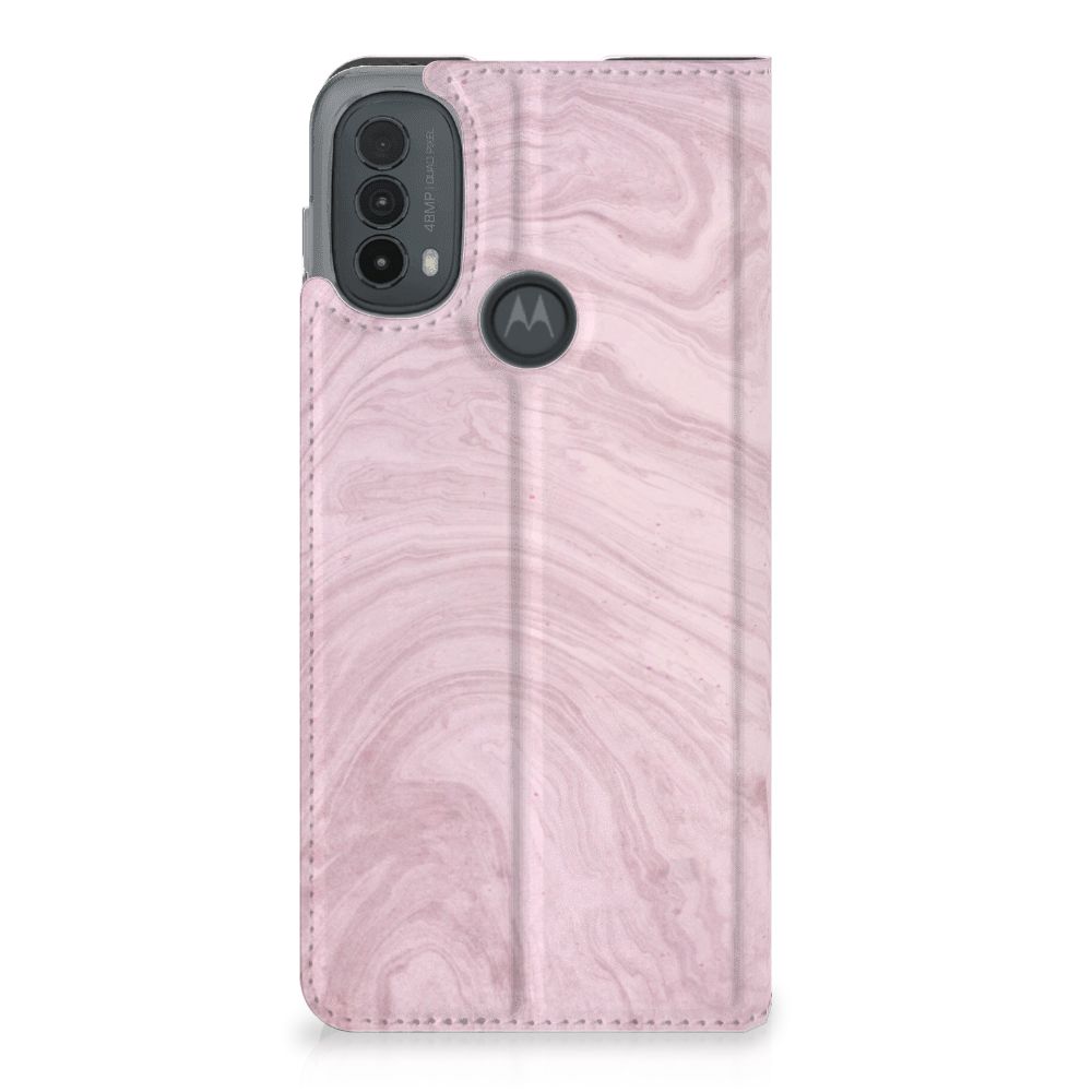 Motorola Moto E20 Standcase Marble Pink design hoesje roze aanzicht