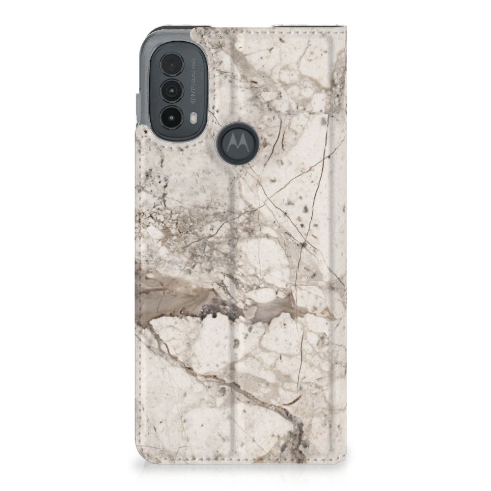 Motorola Moto E20 Standcase Marmer Beige design hoesje achterkant