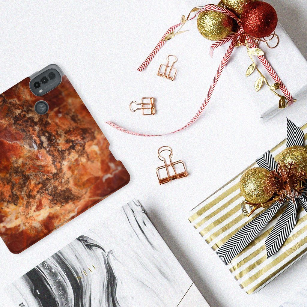 Motorola Moto E20 Standcase Marmer Bruin bruine marble design achterzijde kerst decoratie