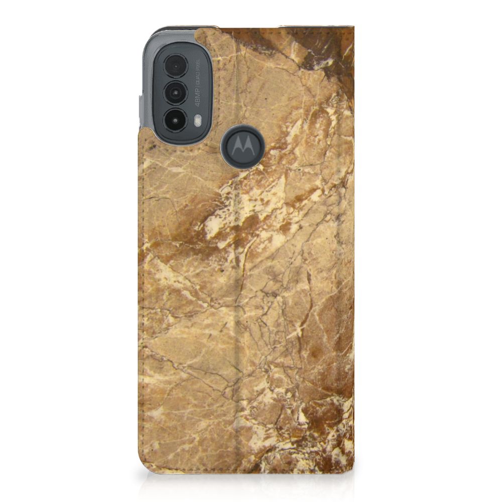Motorola Moto E20 Standcase Marmer Creme designhoesje lichtbruin aanzicht