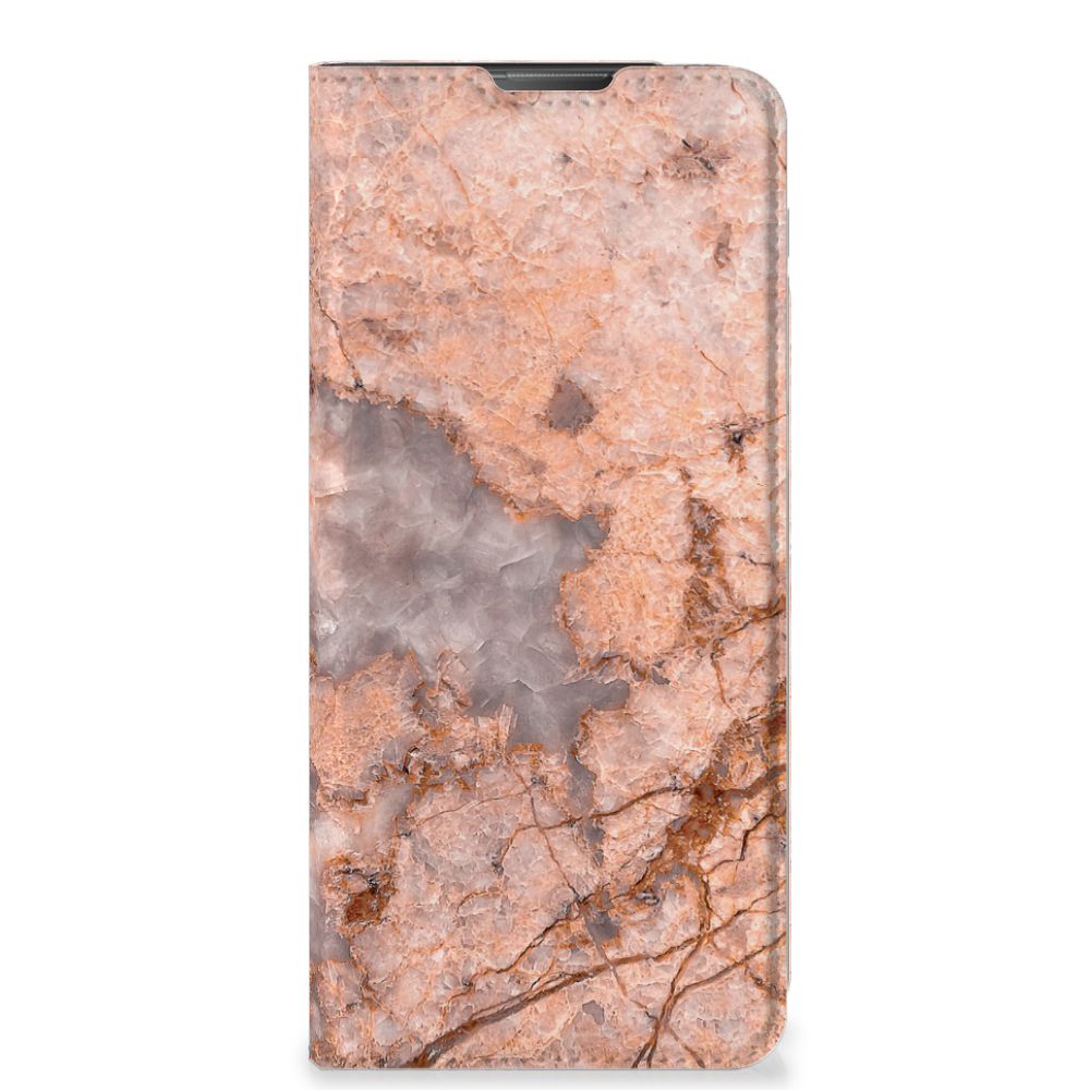 Motorola Moto E20 Standcase Marmer Oranje hoesje design marmer aanzicht
