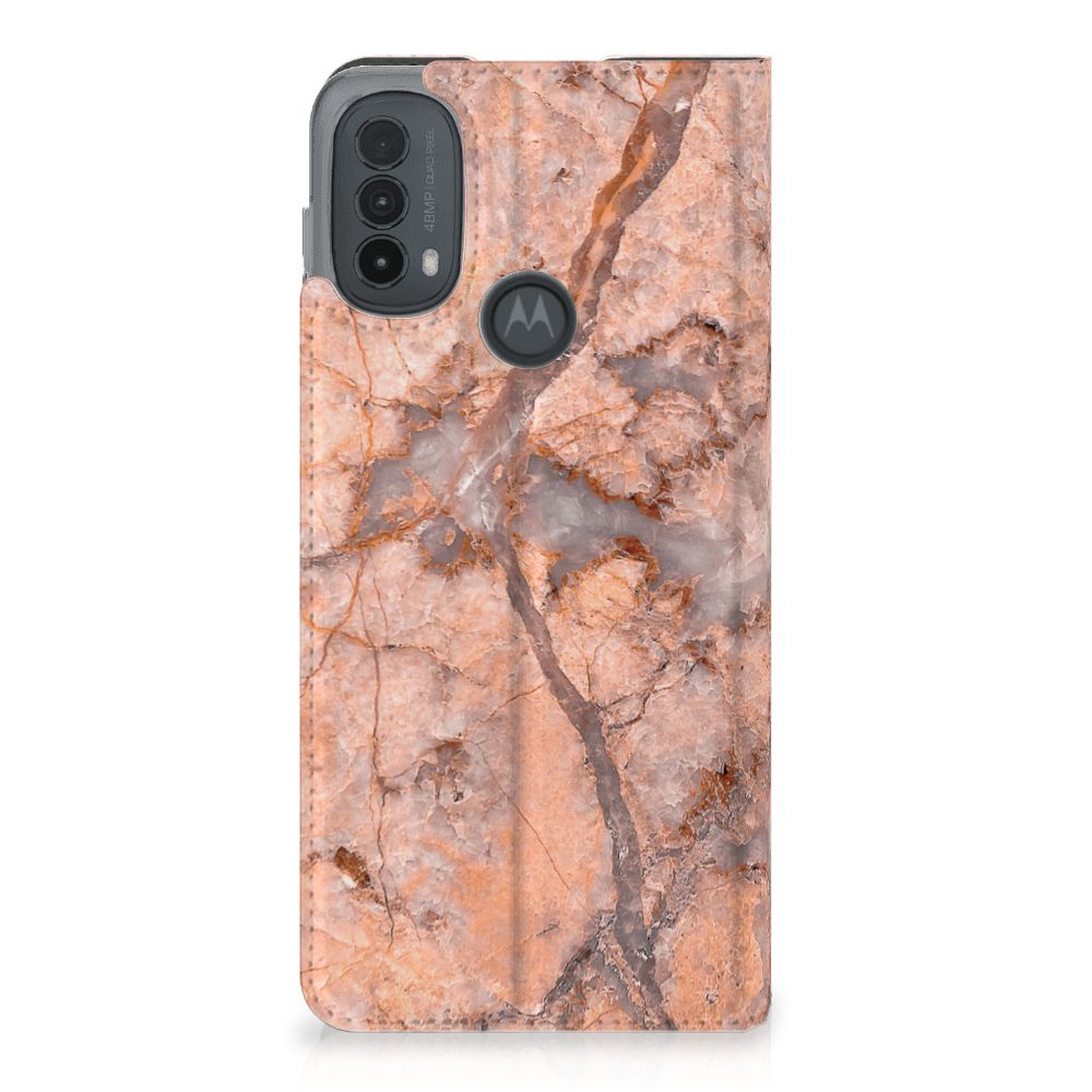 Motorola Moto E20 Standcase Marmer Oranje designhoesje achterkant marmer