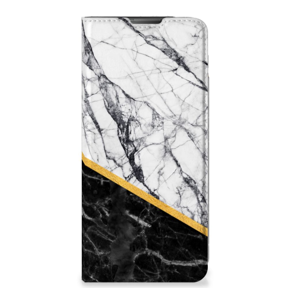 Motorola Moto E20 Standcase Marmer Wit Zwart design hoesje aanzicht
