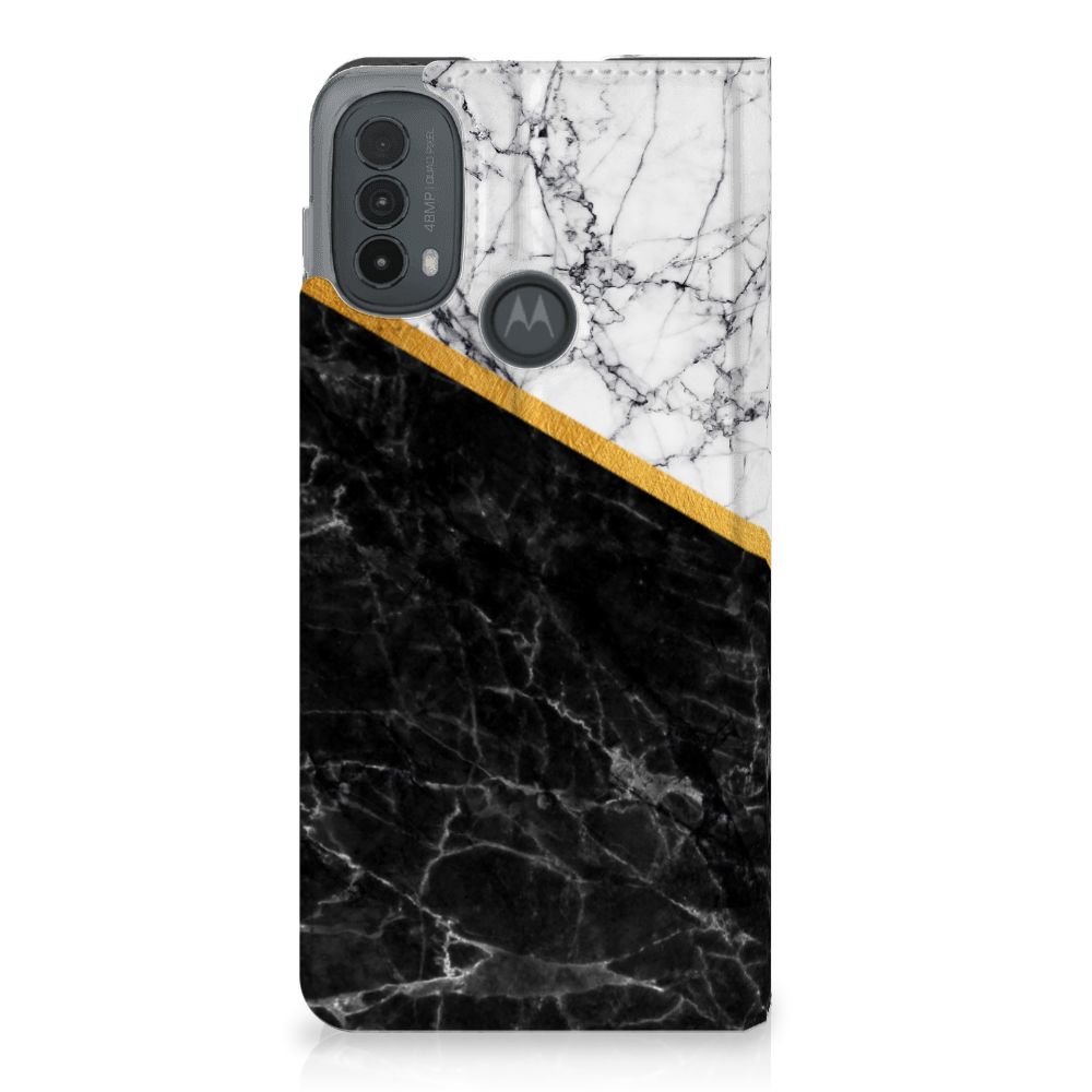 Motorola Moto E20 Standcase Marmer Wit Zwart standcase zwartwit marmer aanzicht