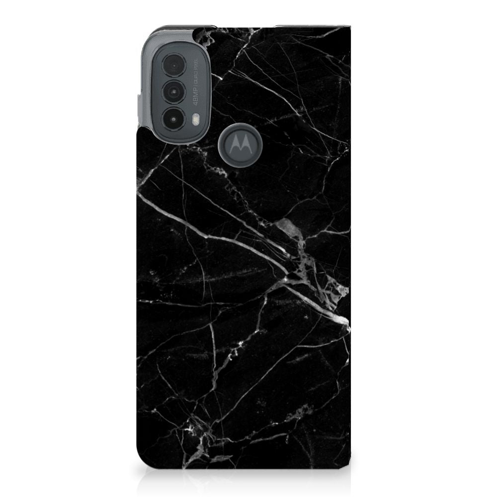 Motorola Moto E20 Standcase Marmer Zwart design zwart marmer achterzijde