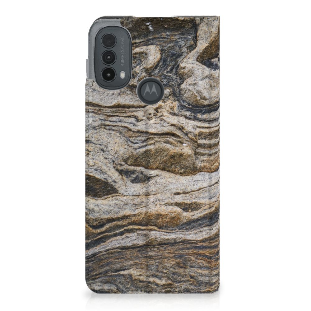Motorola Moto E20 Standcase Steen bruin rotsachtig steen achterkant