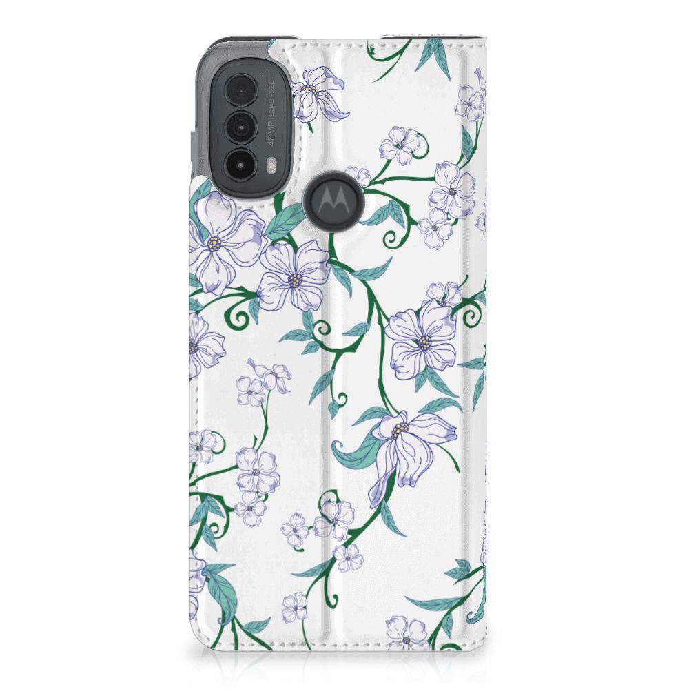 Motorola Moto E20 Uniek Smart Cover Blossom White bloemen design voorkant