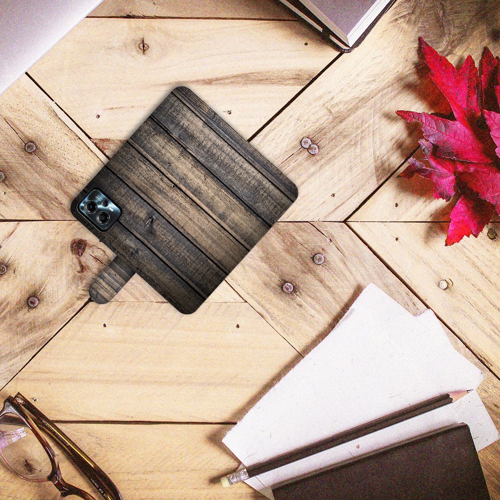 Motorola Moto G13 G23 Book Style Case Steigerhout houten design topdown