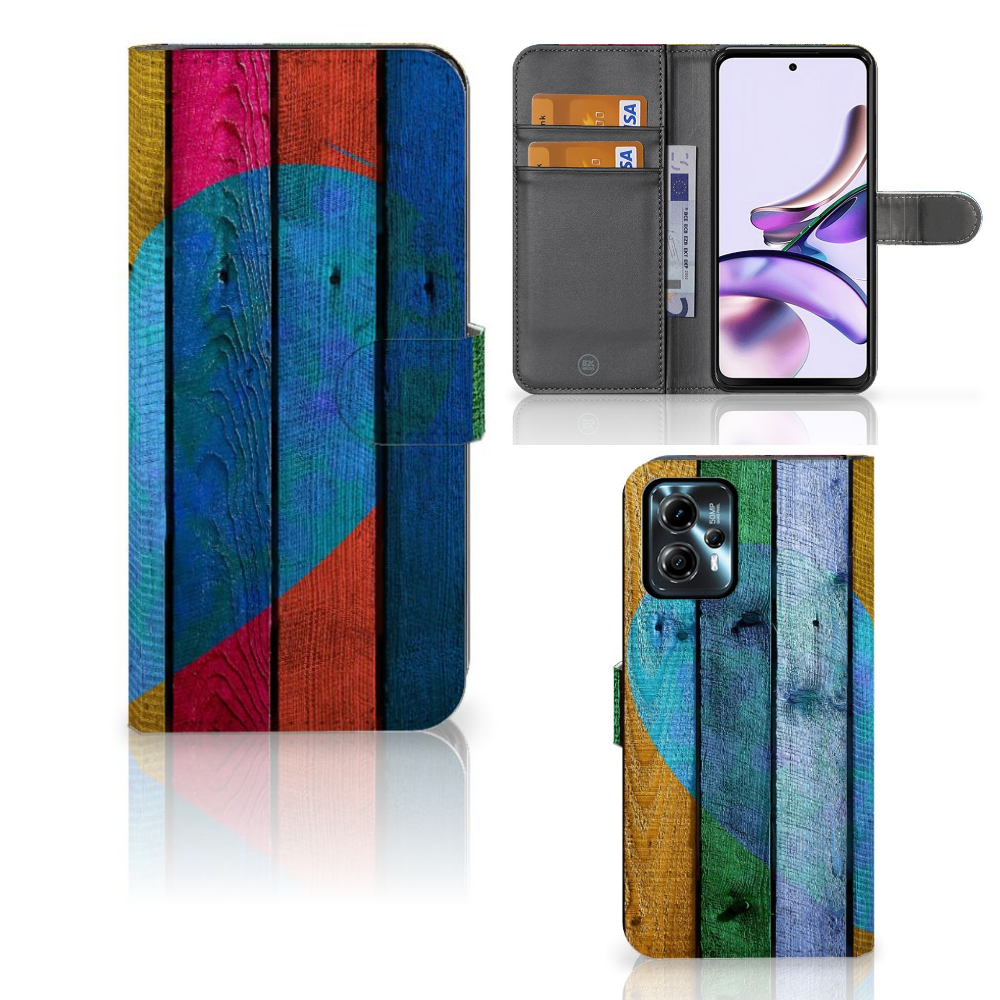 Motorola Moto G13 | G23 Book Style Case Wood Heart - Cadeau voor je Vriend met kleurrijk hartdesign en pasjesvak