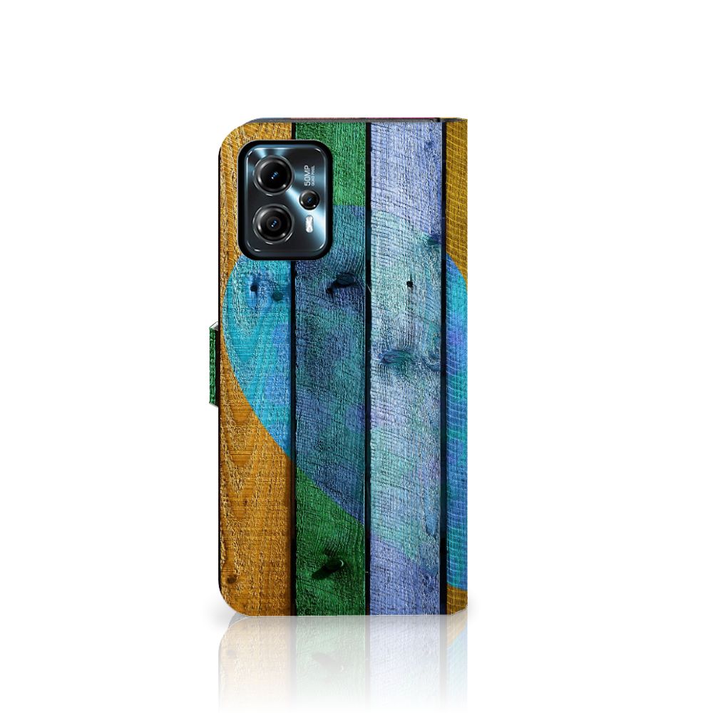 Motorola Moto G13 | G23 Book Style Case Wood Heart - Cadeau voor je Vriend met kleurrijk houten ontwerp.