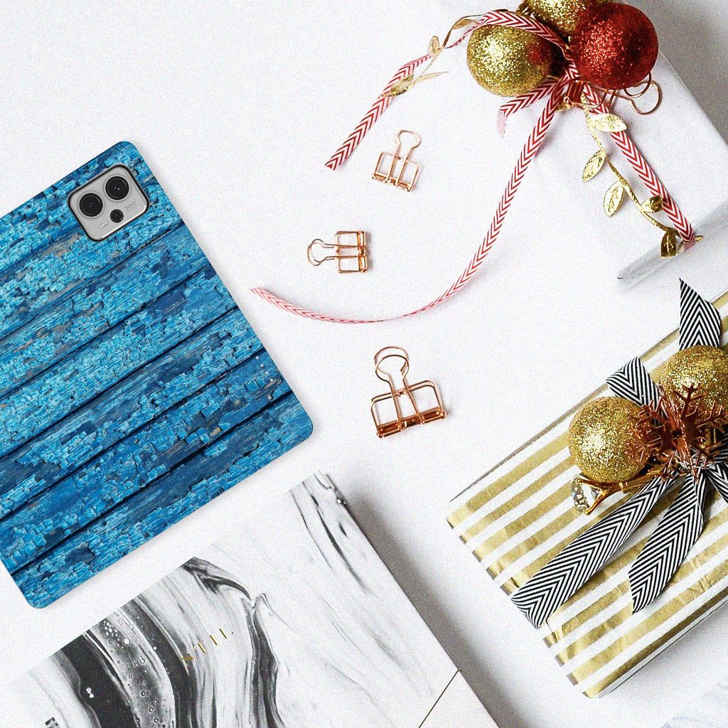 Motorola Moto G13 | G23 Book Wallet Case Wood Blue design blauw hout aanzicht