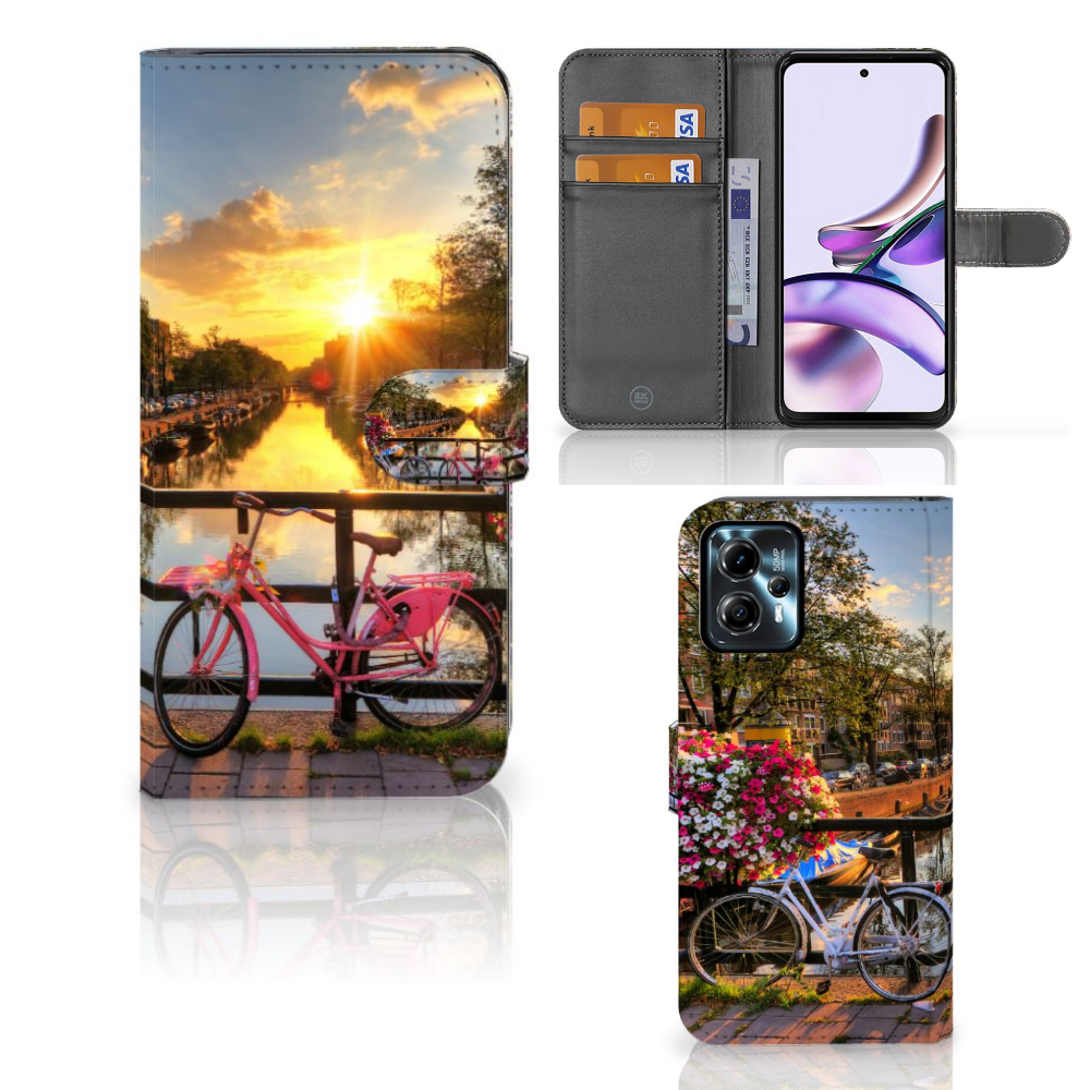Motorola Moto G13 | G23 Flip Cover Amsterdamse Grachten fiets zonsondergang design aanzicht