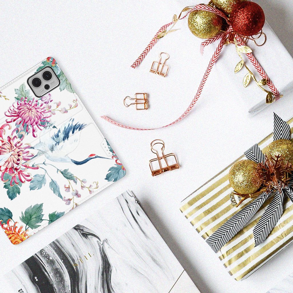 Motorola Moto G13 | G23 Hoesje maken Bird Flowers bloemen ooievaar design bovenaanzicht